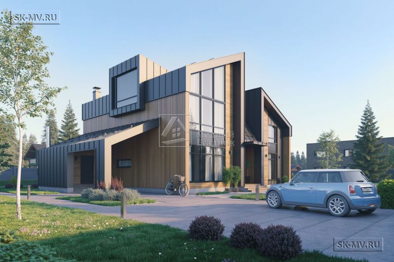 Проект современного загородного дома с фальцевой кровлей, террасой барбекю и навесом для автомобиля Холст Планкен — 1