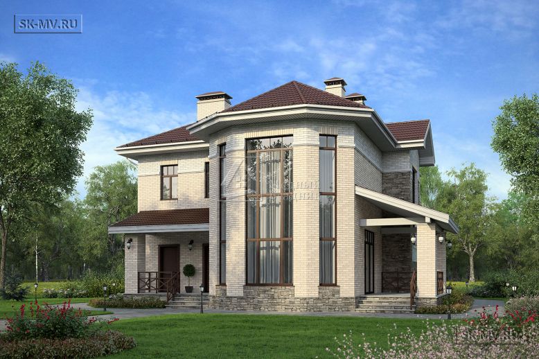 Проект дома из кирпича или газобетона с полукруглым эркером и панорамными окнами Особняк 2  — 1