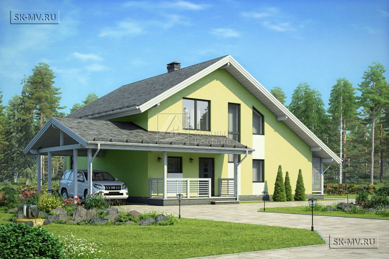 Проект комбинированного загородного дома с навесом для автомобиля и с сауной и большой террасой Айда дом — 6