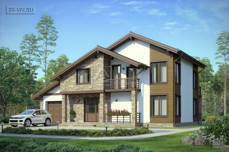 Проект современного комбинированного загородного дома в американском стиле со встроенным гаражом Белоостров — 1