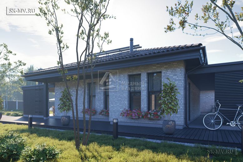 Проект современного одноэтажного загородного дома с террасой барбекю и навесом для авто Истра — 8