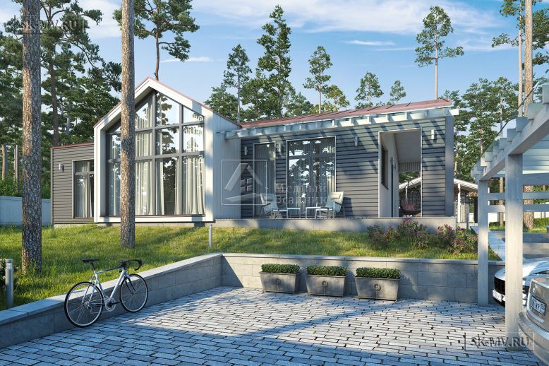 Проект современного скандинавского одноэтажного дома без свесов кровли Лесная сказка — 1