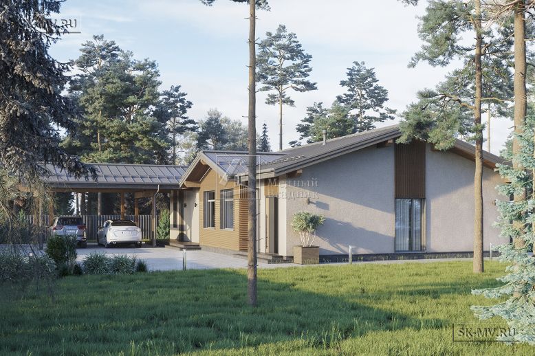 Проект одноэтажного дома в современном скандинавском стиле с теплой террасой с зоной барбекю, сауной и навесом для авто Рощино 23 площадью 276,53 кв.м — 9