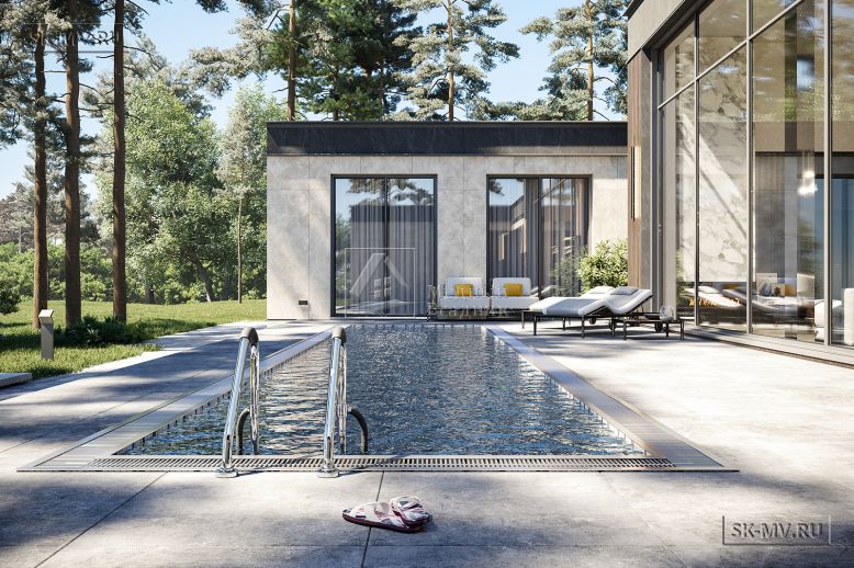 Проект одноэтажного дома в стиле Хайтек с бассейном и спа зоной с фуракко Рощино 9 площадью 390,67 кв.м — 9