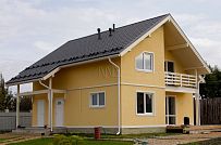 Построенный в с Озерецкое Московской области небольшой каркасный дом 151 кв м с отделкой желтой штукатуркой с балконом и открытой террасой  - мини - 6